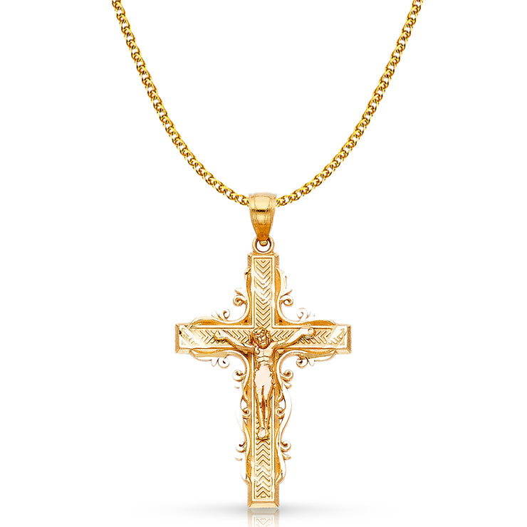 14K Gold Crucifix Charm Pendant with 1.7mm Flat Open Wheat Chain Necklace