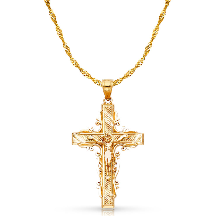 14K Gold Crucifix Charm Pendant with 1.2mm Singapore Chain Necklace