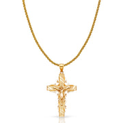 14K Gold Crucifix Charm Pendant with 1.4mm Round Wheat Chain Necklace