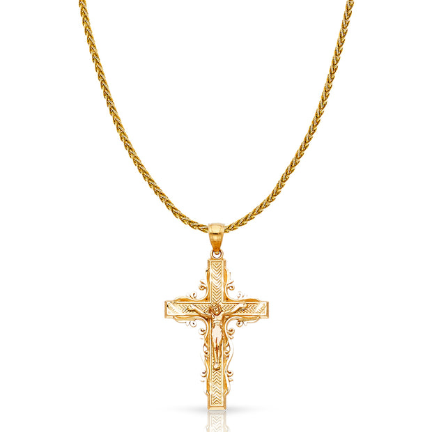 14K Gold Crucifix Charm Pendant with 1.4mm Round Wheat Chain Necklace