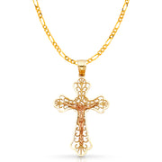 14K Gold Crucifix Charm Pendant with 3.1mm Figaro 3+1 Chain Necklace