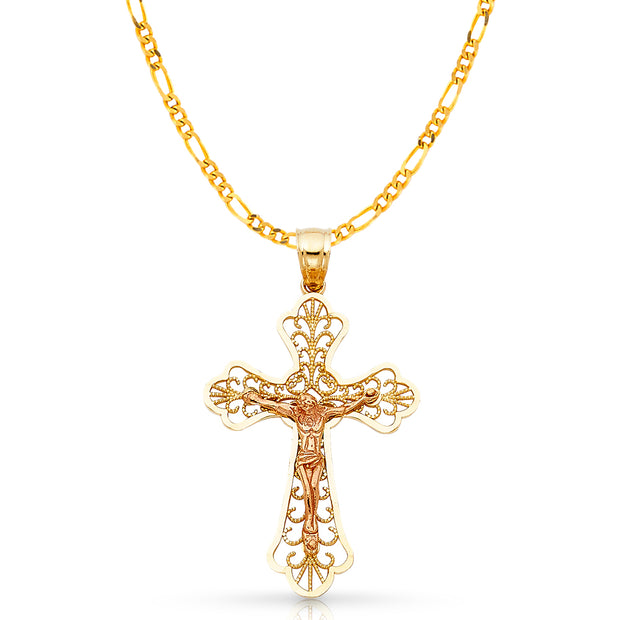 14K Gold Crucifix Charm Pendant with 3.1mm Figaro 3+1 Chain Necklace