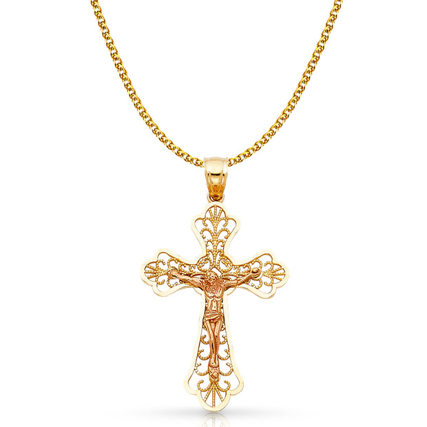 14K Gold Crucifix Charm Pendant with 1.7mm Flat Open Wheat Chain Necklace