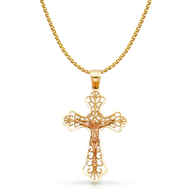 14K Gold Crucifix Charm Pendant with 1.7mm Flat Open Wheat Chain Necklace