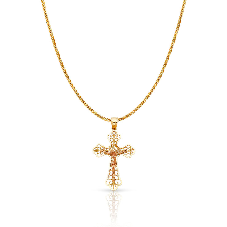 14K Gold Crucifix Charm Pendant with 1.1mm Wheat Chain Necklace