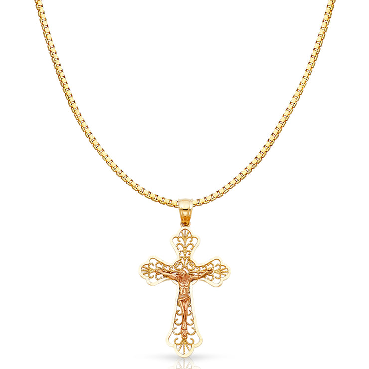 14K Gold Religious Crucifix Charm Pendant with 1.2mm Box Chain Necklace