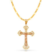 14K Gold Crucifix Charm Pendant with 3.1mm Figaro 3+1 Chain Necklace