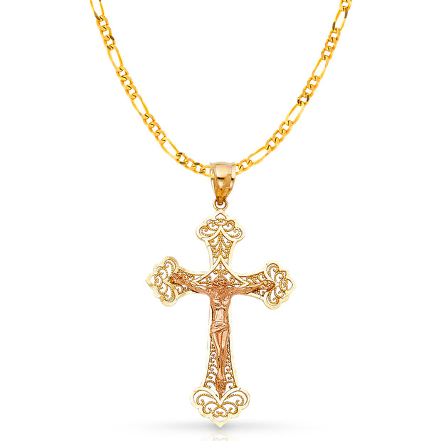 14K Gold Crucifix Charm Pendant with 3.1mm Figaro 3+1 Chain Necklace