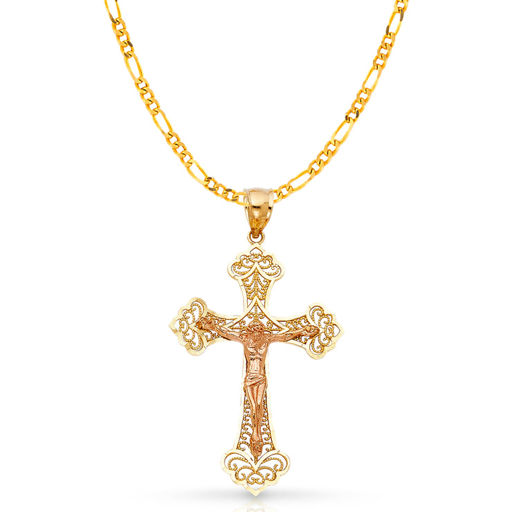 14K Gold Crucifix Charm Pendant with 3.1mm Figaro 3+1 Chain Necklace