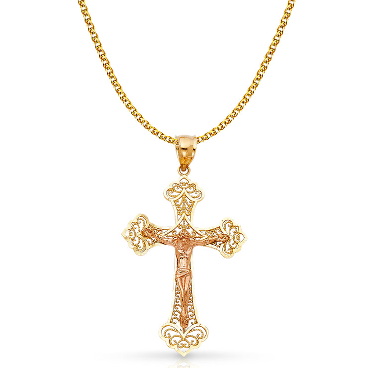 14K Gold Crucifix Charm Pendant with 1.7mm Flat Open Wheat Chain Necklace