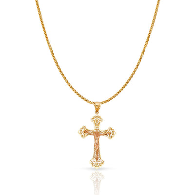 14K Gold Crucifix Charm Pendant with 1.1mm Wheat Chain Necklace