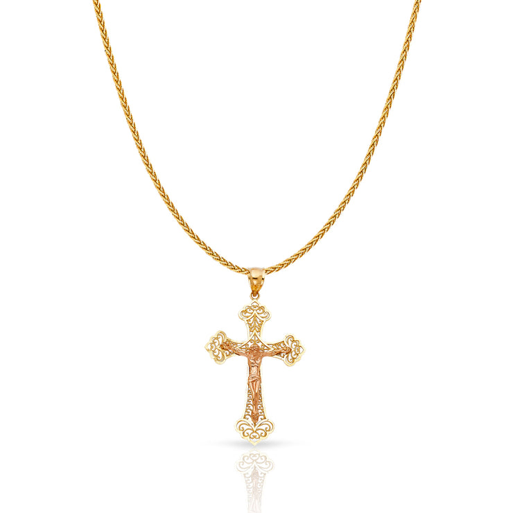 14K Gold Crucifix Charm Pendant with 1.1mm Wheat Chain Necklace