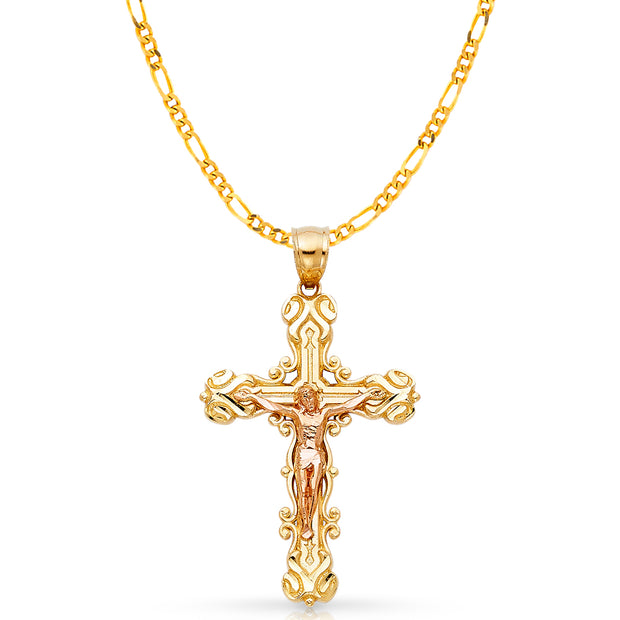 14K Gold Crucifix Charm Pendant with 3.1mm Figaro 3+1 Chain Necklace