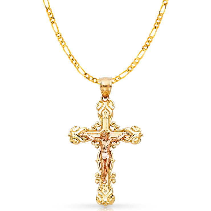 14K Gold Crucifix Charm Pendant with 3.1mm Figaro 3+1 Chain Necklace