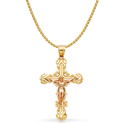 14K Gold Crucifix Charm Pendant with 1.7mm Flat Open Wheat Chain Necklace