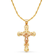 14K Gold Crucifix Charm Pendant with 1.8mm Singapore Chain Necklace