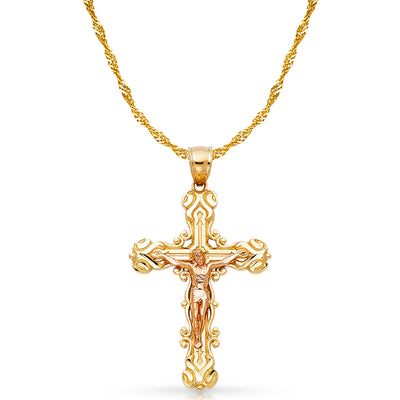 14K Gold Crucifix Charm Pendant with 1.8mm Singapore Chain Necklace