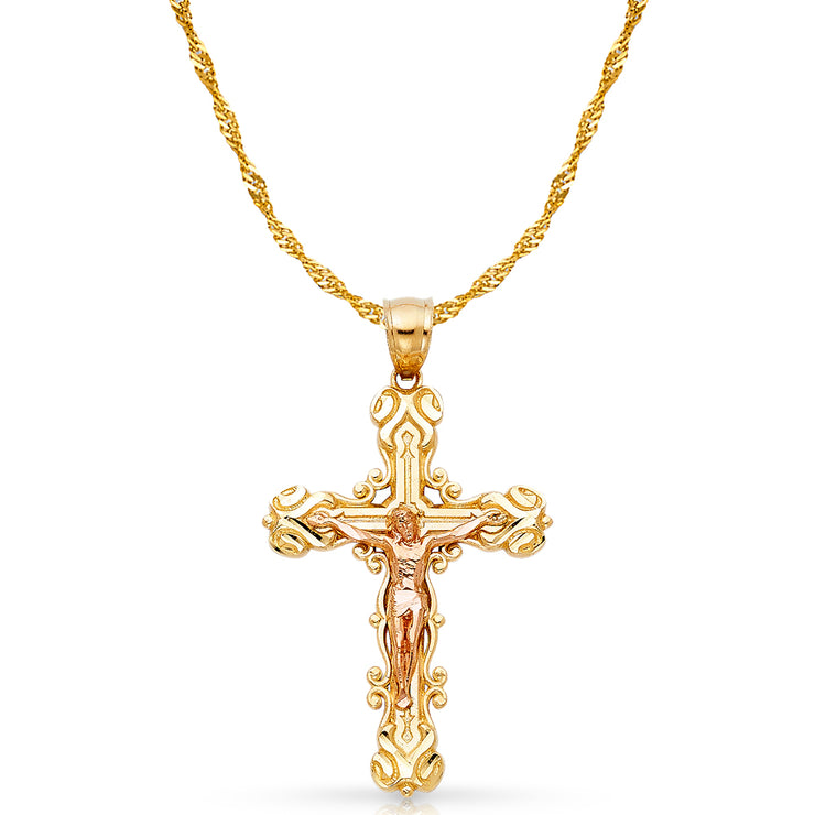 14K Gold Crucifix Charm Pendant with 1.8mm Singapore Chain Necklace