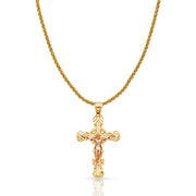 14K Gold Crucifix Charm Pendant with 1.4mm Round Wheat Chain Necklace