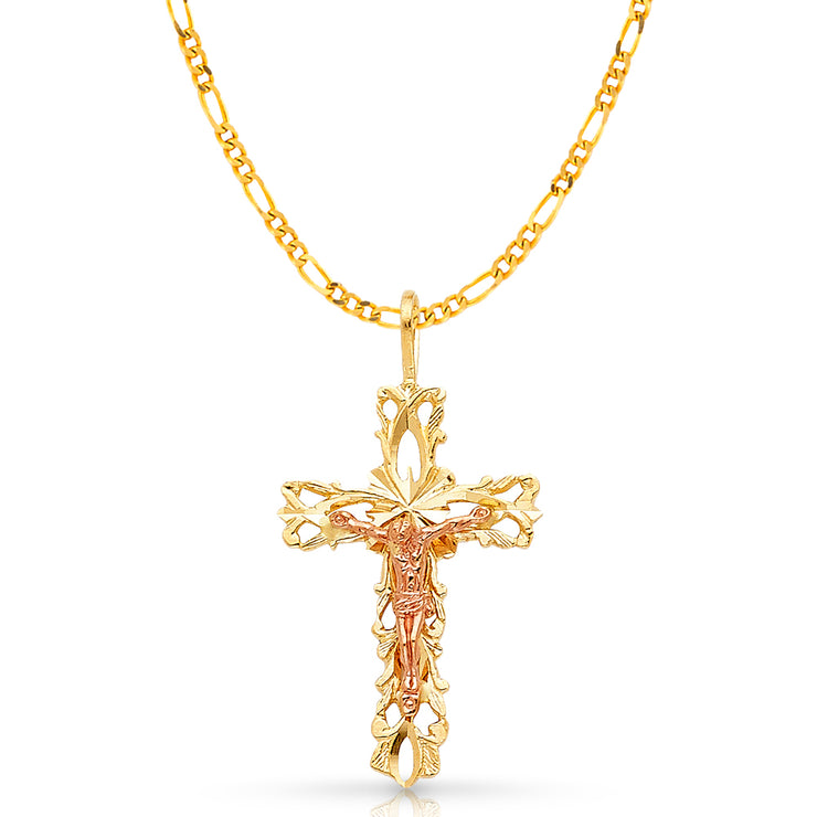 14K Gold Crucifix Charm Pendant with 2.3mm Figaro 3+1 Chain Necklace