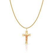 14K Gold Crucifix Charm Pendant with 1.1mm Wheat Chain Necklace