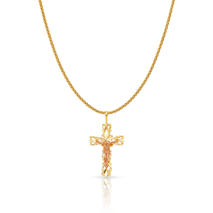 14K Gold Crucifix Charm Pendant with 1.1mm Wheat Chain Necklace