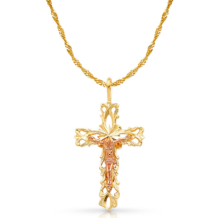 14K Gold Crucifix Charm Pendant with 1.2mm Singapore Chain Necklace