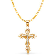 14K Gold Crucifix Charm Pendant with 2.3mm Figaro 3+1 Chain Necklace