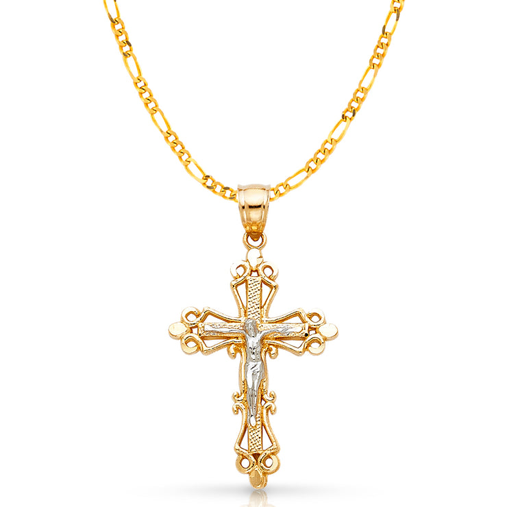 14K Gold Crucifix Charm Pendant with 2.3mm Figaro 3+1 Chain Necklace