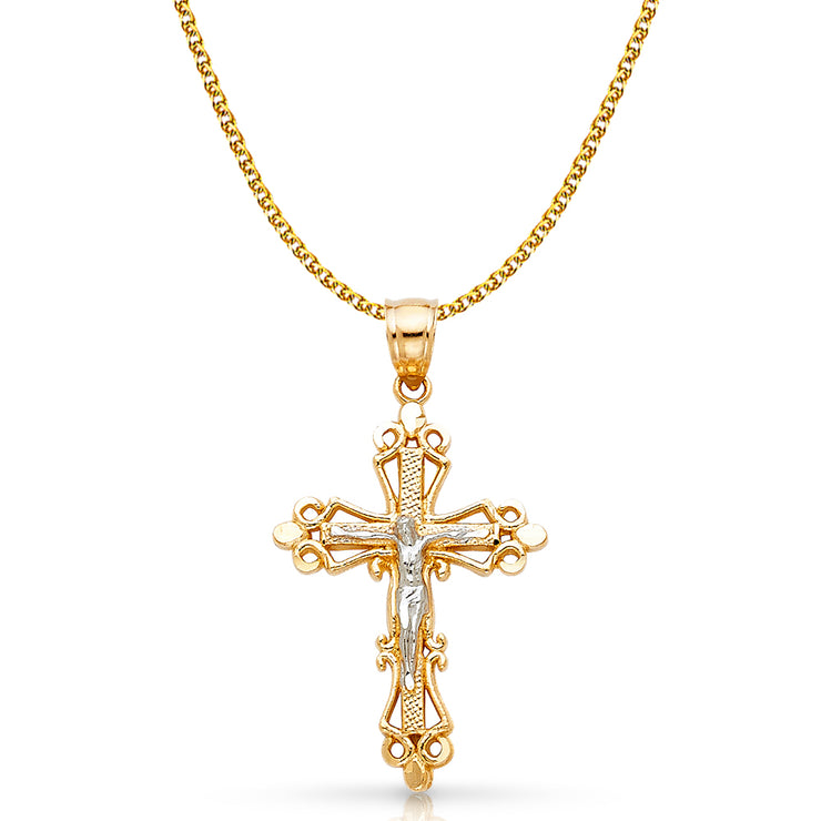 14K Gold Crucifix Charm Pendant with 1.7mm Flat Open Wheat Chain Necklace