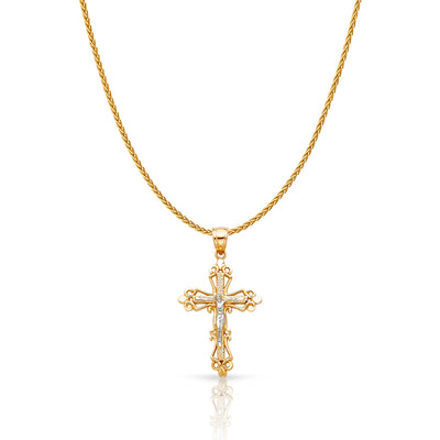 14K Gold Crucifix Charm Pendant with 1.1mm Wheat Chain Necklace