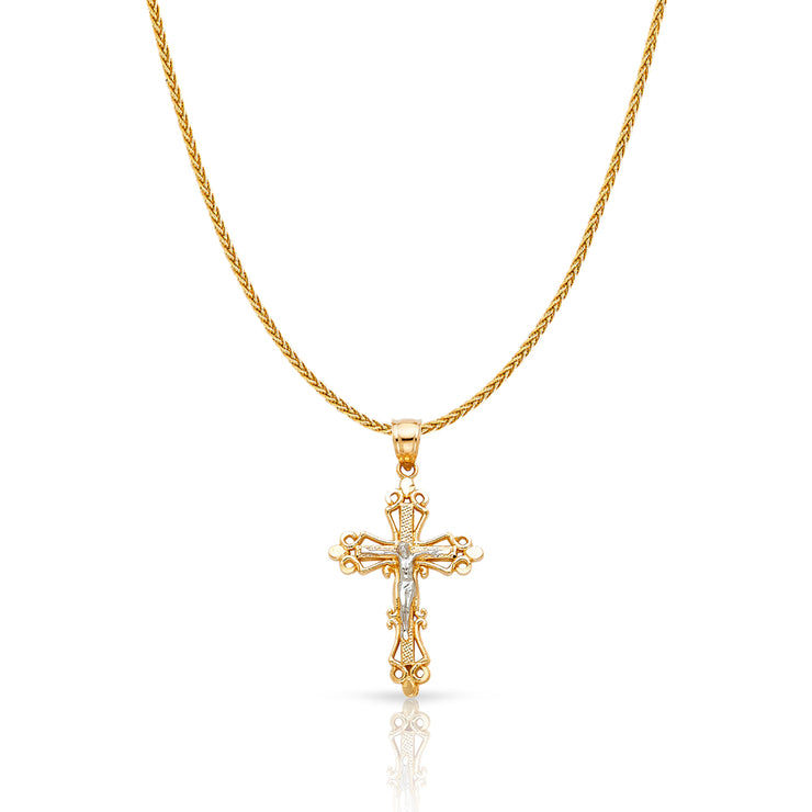 14K Gold Crucifix Charm Pendant with 1.1mm Wheat Chain Necklace