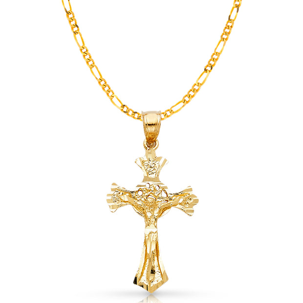 14K Gold Crucifix Charm Pendant with 2.3mm Figaro 3+1 Chain Necklace