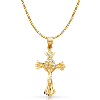 14K Gold Crucifix Charm Pendant with 1.7mm Flat Open Wheat Chain Necklace