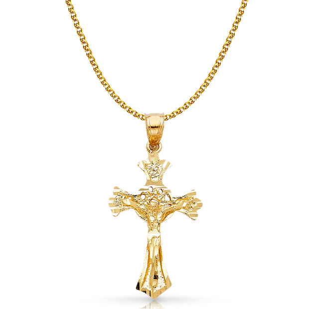 14K Gold Crucifix Charm Pendant with 1.7mm Flat Open Wheat Chain Necklace