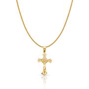 14K Gold Crucifix Charm Pendant with 1.1mm Wheat Chain Necklace