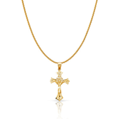 14K Gold Crucifix Charm Pendant with 1.1mm Wheat Chain Necklace