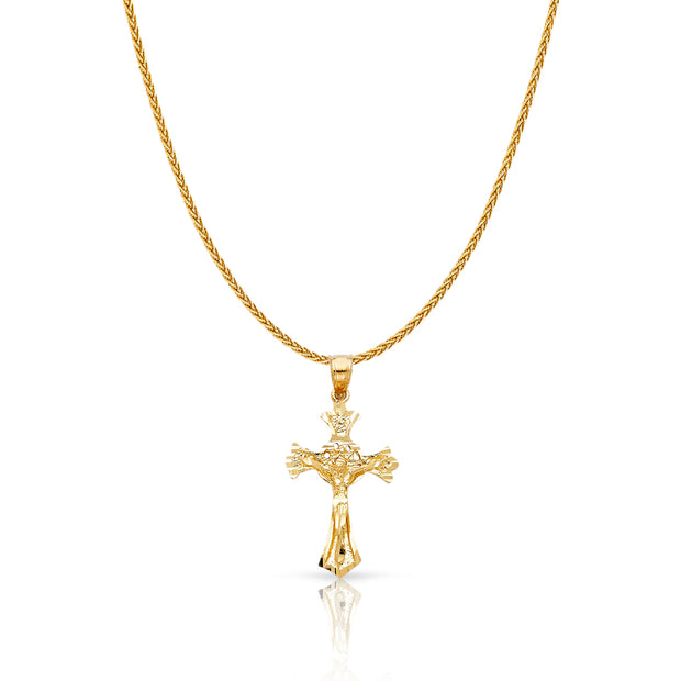 14K Gold Crucifix Charm Pendant with 1.1mm Wheat Chain Necklace