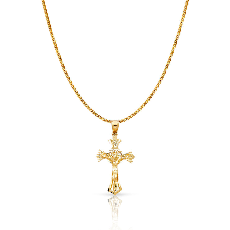 14K Gold Crucifix Charm Pendant with 1.1mm Wheat Chain Necklace