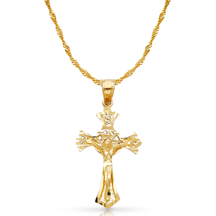 14K Gold Crucifix Charm Pendant with 1.2mm Singapore Chain Necklace