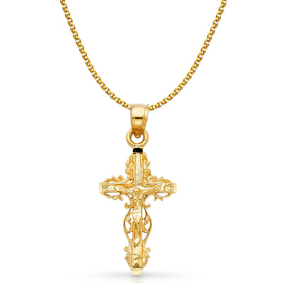 14K Gold Crucifix Charm Pendant with 1.7mm Flat Open Wheat Chain Necklace