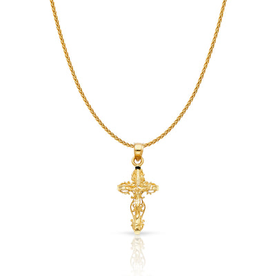 14K Gold Crucifix Charm Pendant with 1.1mm Wheat Chain Necklace