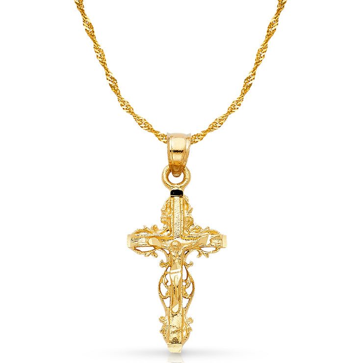 14K Gold Crucifix Charm Pendant with 1.2mm Singapore Chain Necklace