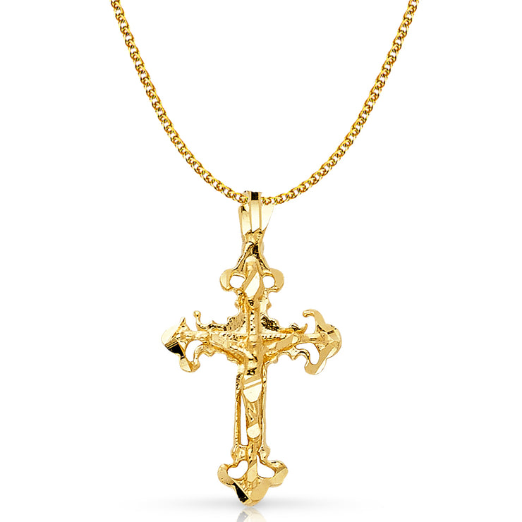 14K Gold Crucifix Charm Pendant with 1.7mm Flat Open Wheat Chain Necklace