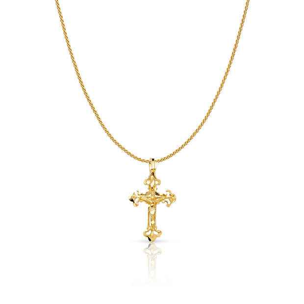 14K Gold Crucifix Charm Pendant with 0.9mm Wheat Chain Necklace