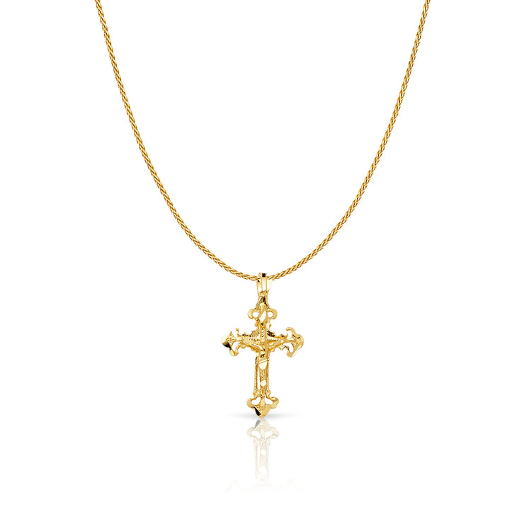 14K Gold Crucifix Charm Pendant with 0.9mm Wheat Chain Necklace