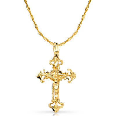 14K Gold Crucifix Charm Pendant with 1.2mm Singapore Chain Necklace