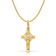 14K Gold Crucifix Charm Pendant with 1.5mm Flat Open Wheat Chain Necklace