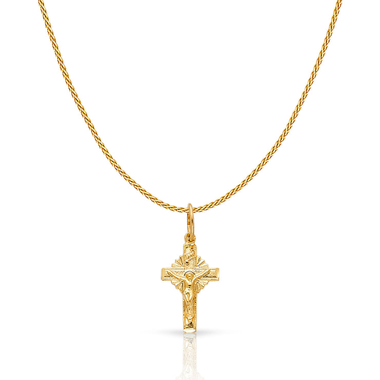 14K Gold Crucifix Charm Pendant with 0.9mm Wheat Chain Necklace