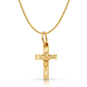 14K Gold Crucifix Charm Pendant with 1.5mm Flat Open Wheat Chain Necklace